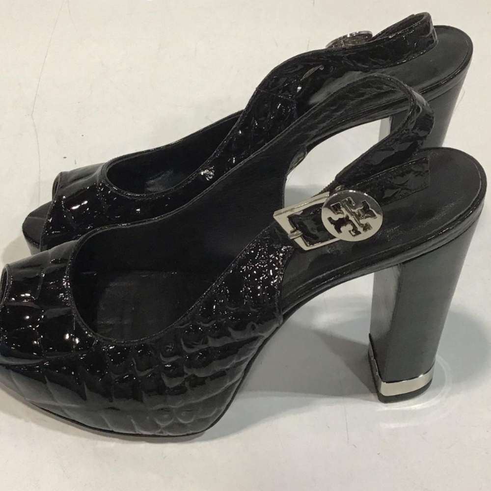 Women’s Tory Burch Allison Black Patent Leather Croc Peep-Toe Slingback Heels 5M